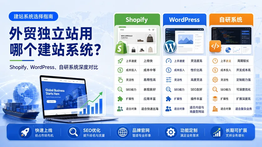 外贸独立站用哪个建站系统?Shopify、WordPress、自研系统深度对比
